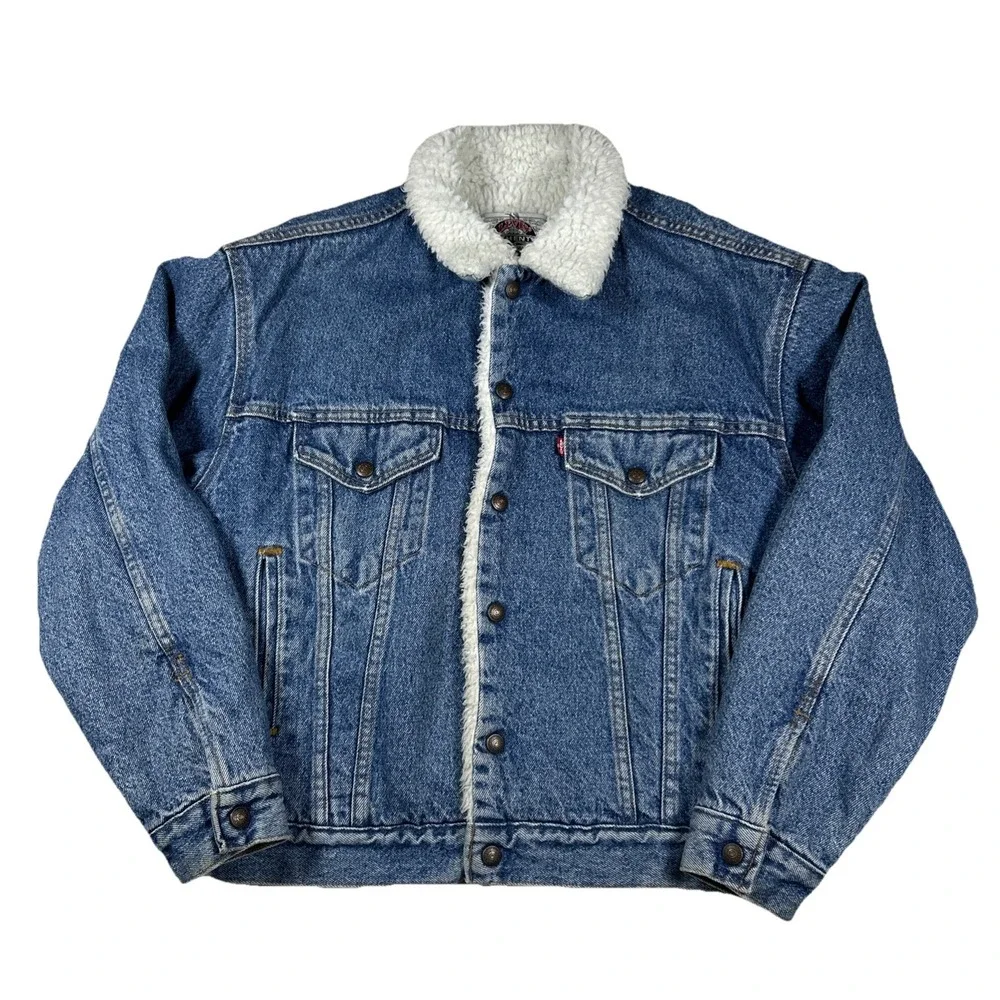 Levis Sherpa Lined Denim Trucker Jacket Mens S Blue Vintage Made in USA 70608